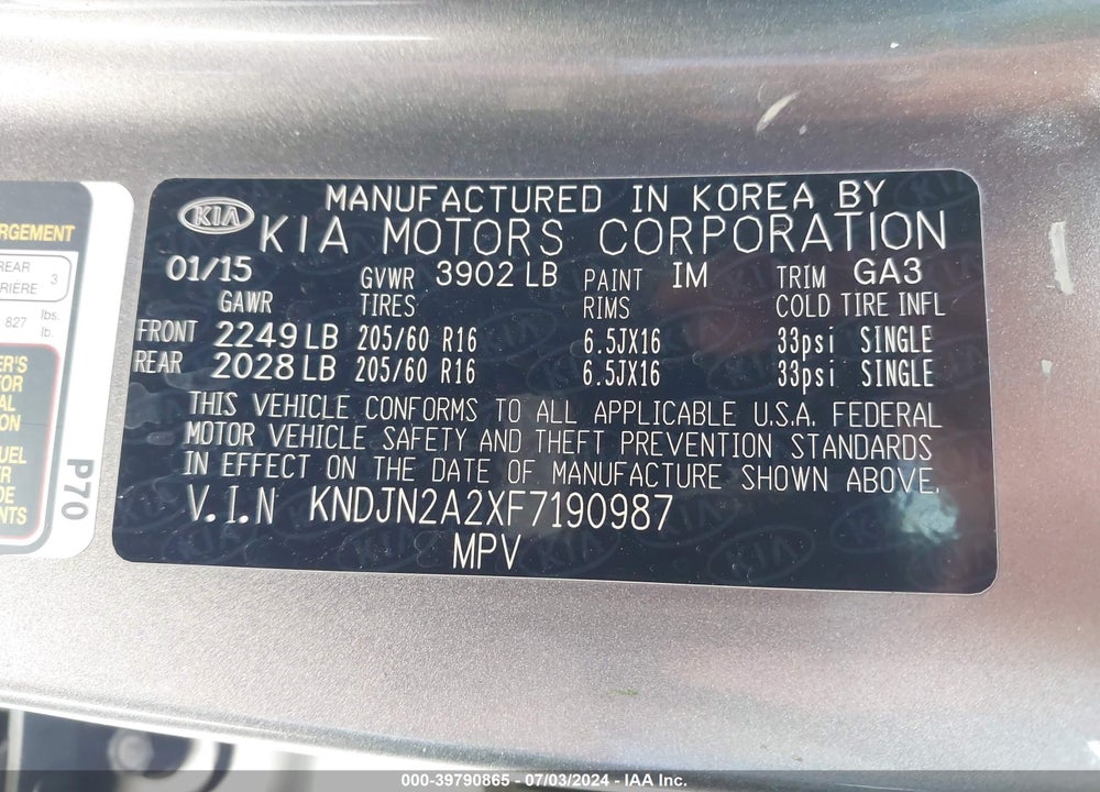 2015 KIA SOUL VIN: KNDJN2A2XF7190987