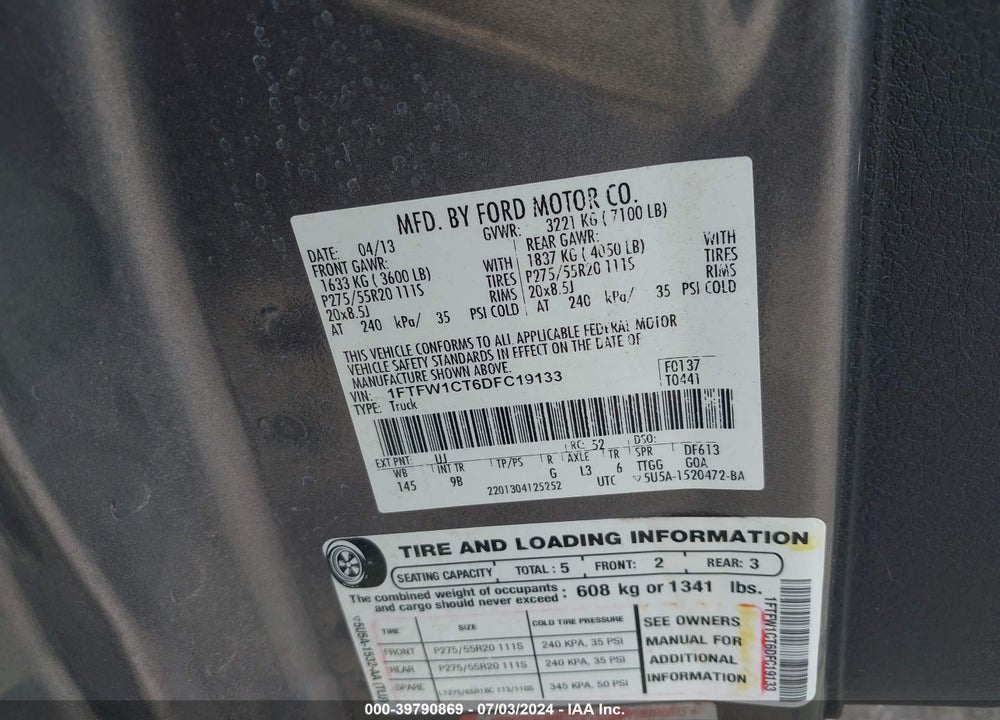 2013 FORD F-150 PLATINUM VIN: 1FTFW1CT6DFC19133