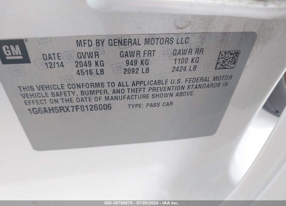 2015 CADILLAC ATS LUXURY VIN: 1G6AH5RX7F0126006