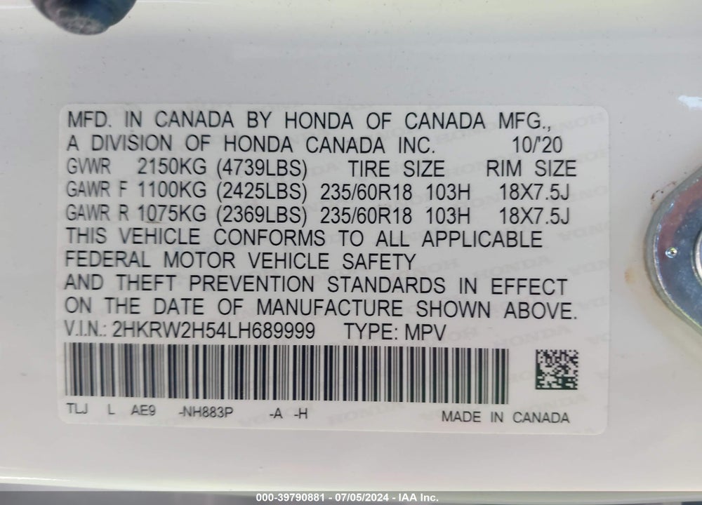 2020 HONDA CR-V AWD EX VIN: 2HKRW2H54LH689999