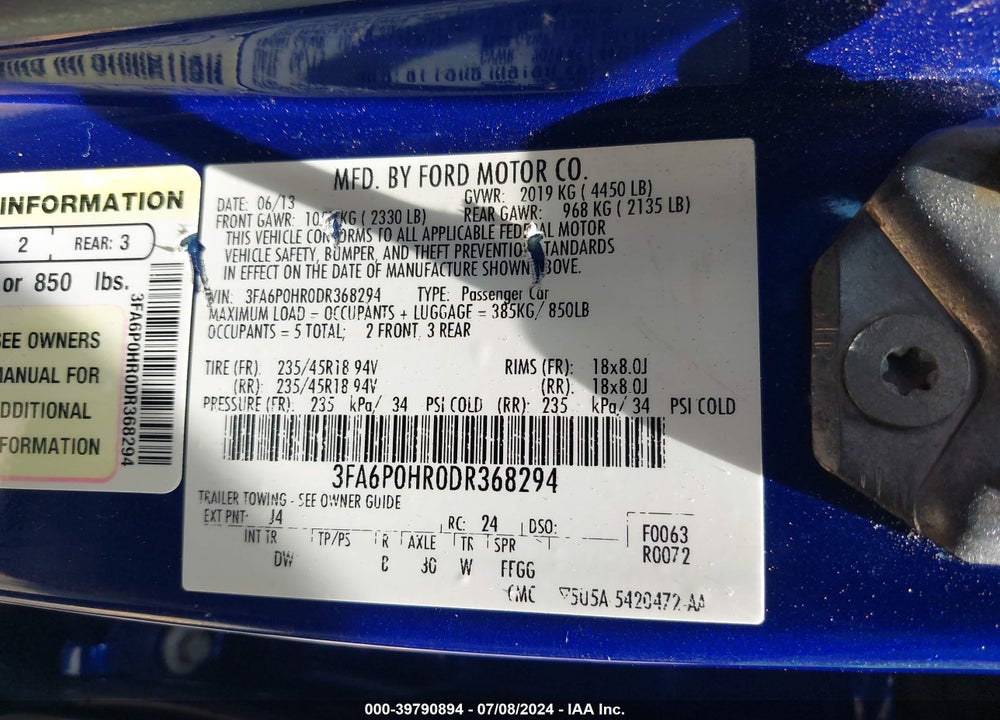 2013 FORD FUSION SE VIN: 3FA6P0HR0DR368294