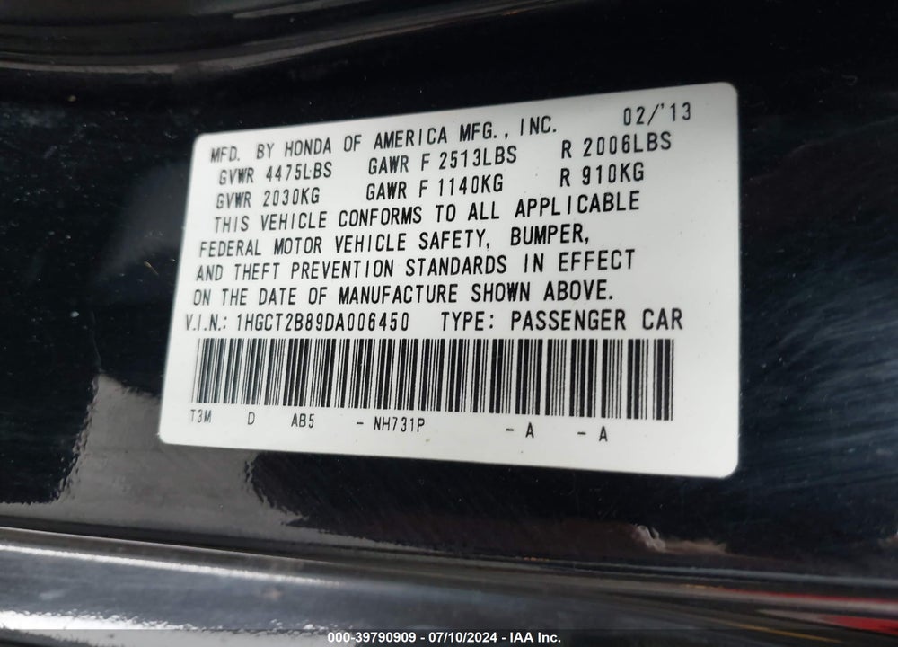 2013 HONDA ACCORD EX-L V-6 VIN: 1HGCT2B89DA006450