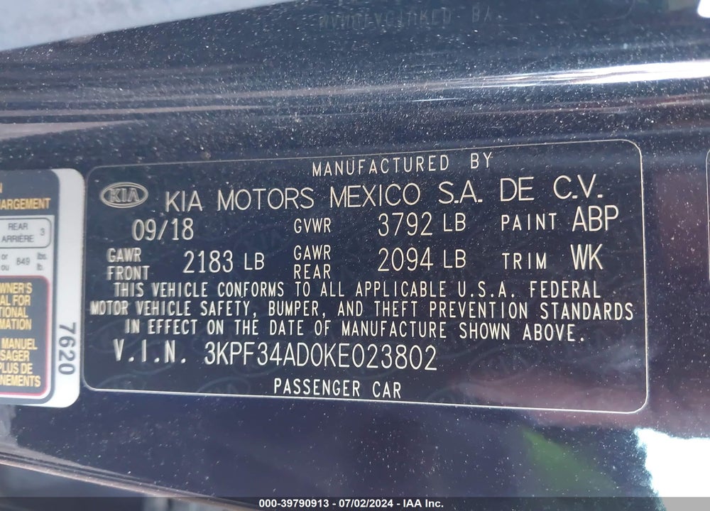 2019 KIA FORTE S VIN: 3KPF34AD0KE023802