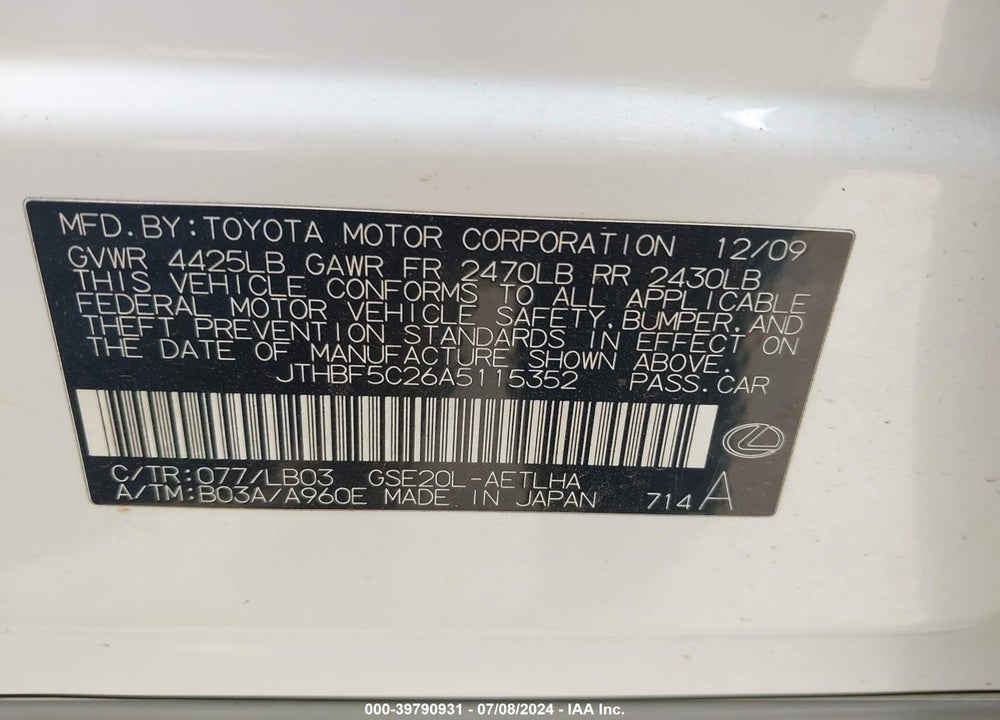 2010 LEXUS IS 250 VIN: JTHBF5C26A5115352