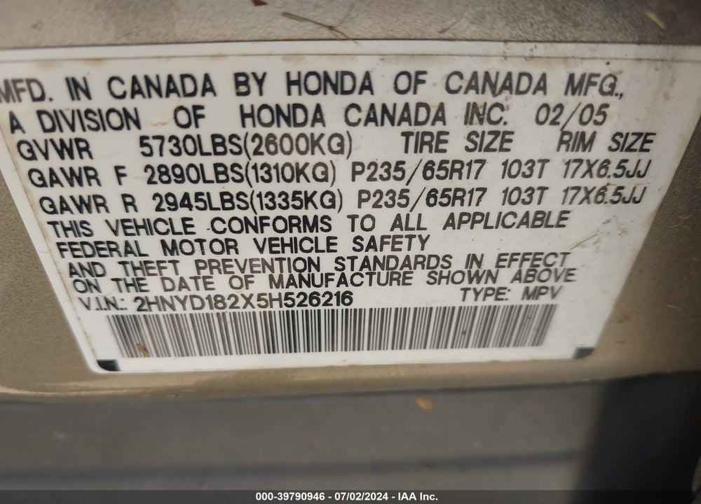 2005 ACURA MDX VIN: 2HNYD182X5H526216