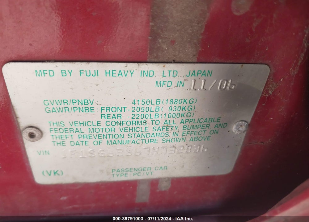 2007 SUBARU FORESTER 2.5X VIN: JF1SG63667H732836