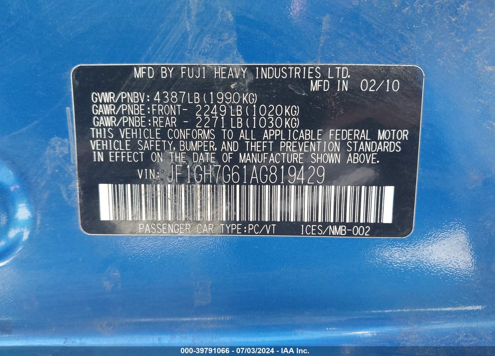 2010 SUBARU IMPREZA WAGON WRX WRX PREMIUM VIN: JF1GH7G61AG819429