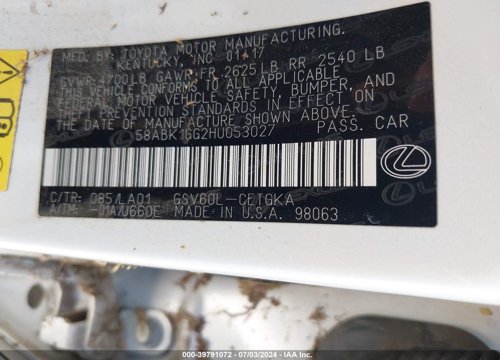 2017 LEXUS ES 350 VIN: 58ABK1GG2HU053027