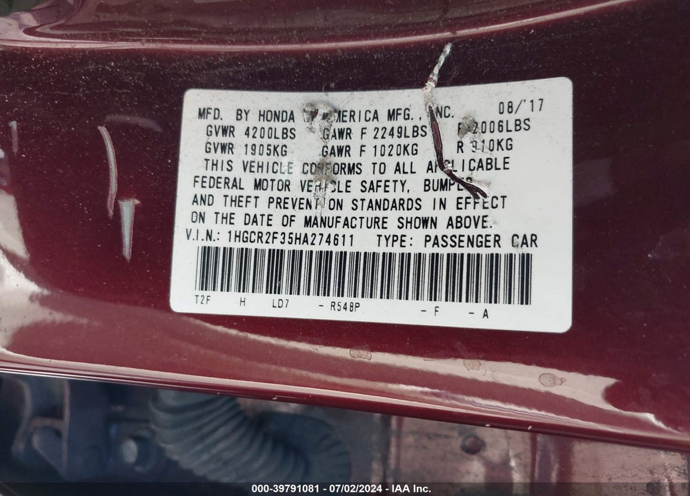 2017 HONDA ACCORD LX VIN: 1HGCR2F35HA274611