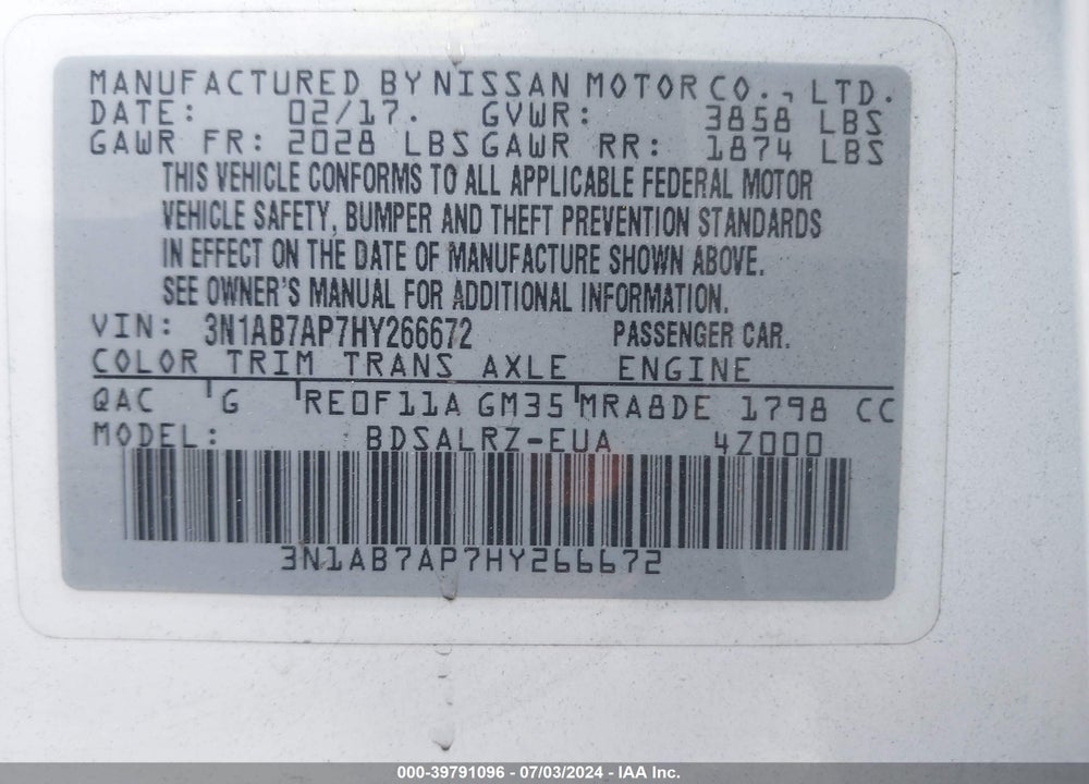 2017 NISSAN SENTRA SR VIN: 3N1AB7AP7HY266672