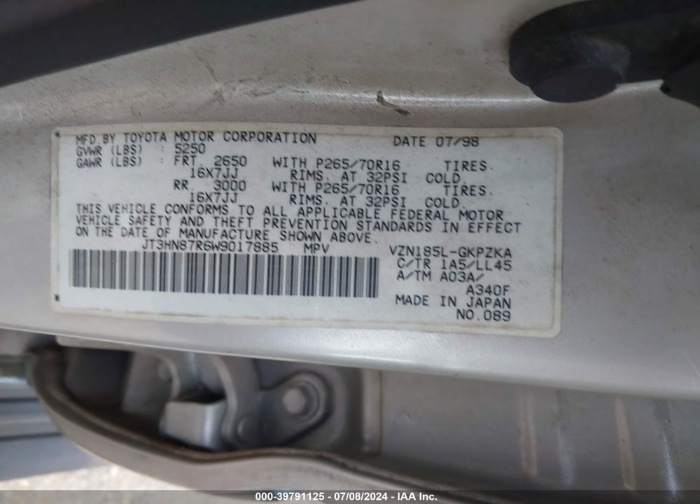 1998 TOYOTA 4RUNNER SR5 V6 LIMITED VIN: JT3HN87R6W9017885