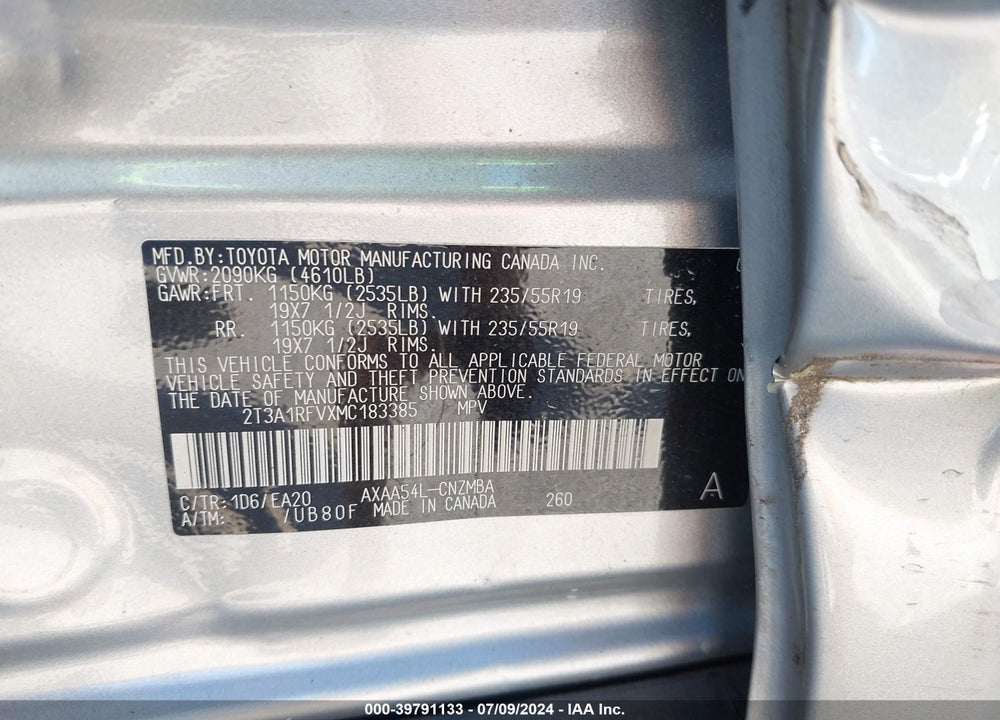 2021 TOYOTA RAV4 XLE PREMIUM VIN: 2T3A1RFVXMC183385
