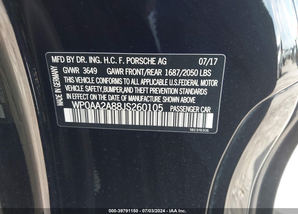 2018 PORSCHE 718 CAYMAN VIN: WP0AA2A88JS260105