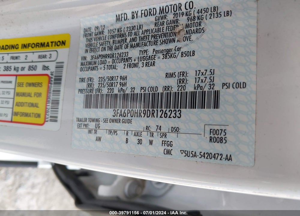 2013 FORD FUSION SE VIN: 3FA6P0HR9DR126233