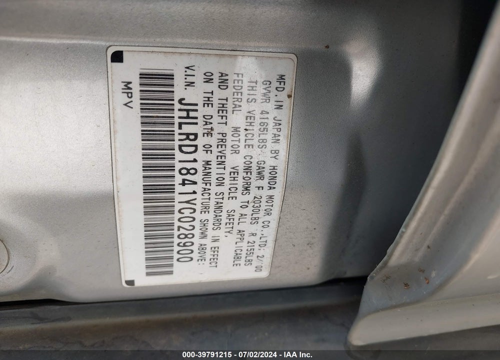 2000 HONDA CR-V LX VIN: JHLRD1841YC028900