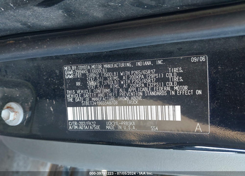 2006 TOYOTA TUNDRA SR5 V8 VIN: 5TBET34196S548708