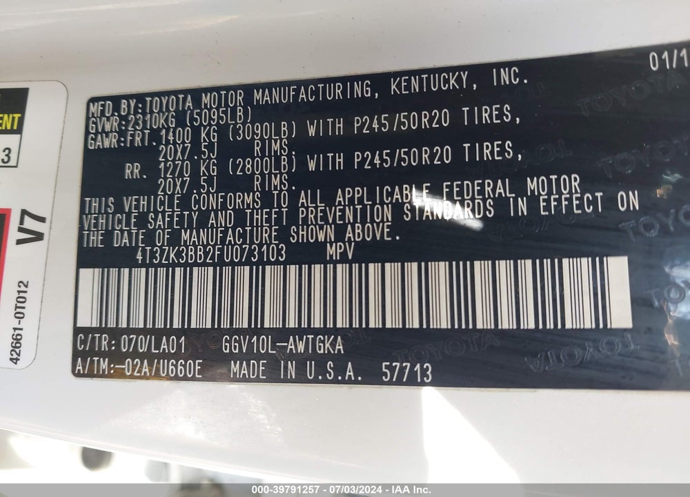 2015 TOYOTA VENZA XLE V6 VIN: 4T3ZK3BB2FU073103