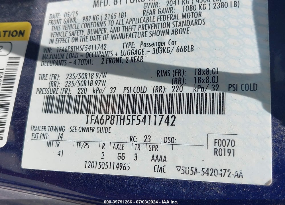 2015 FORD MUSTANG ECOBOOST VIN: 1FA6P8TH5F5411742