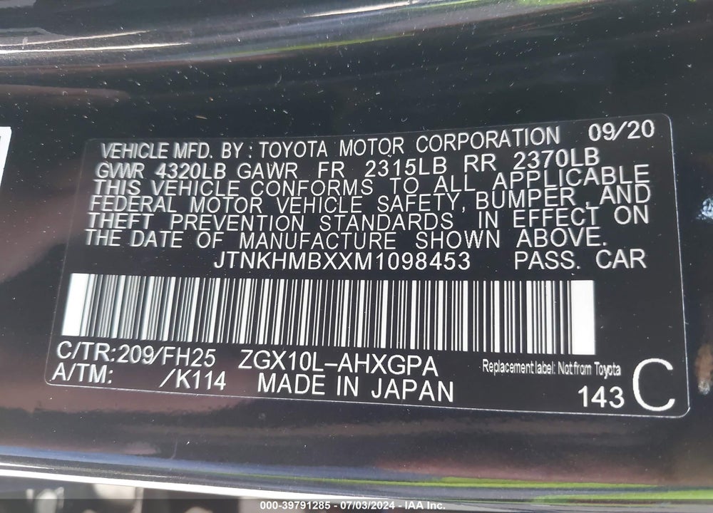 2021 TOYOTA C-HR NIGHTSHADE EDITION VIN: JTNKHMBXXM1098453