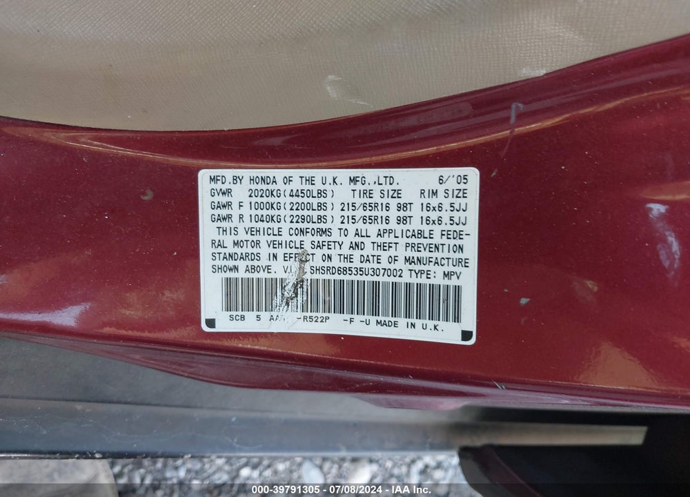 2005 HONDA CR-V LX VIN: SHSRD68535U307002