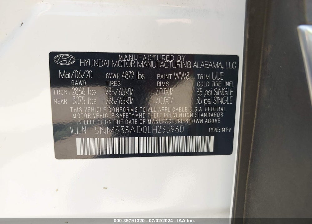 2020 HYUNDAI SANTA FE SEL VIN: 5NMS33AD0LH235960