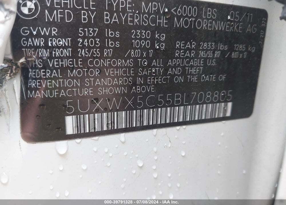 2011 BMW X3 XDRIVE28I VIN: 5UXWX5C55BL708805