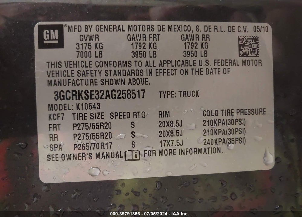 2010 CHEVROLET SILVERADO 1500 LT VIN: 3GCRKSE32AG258517