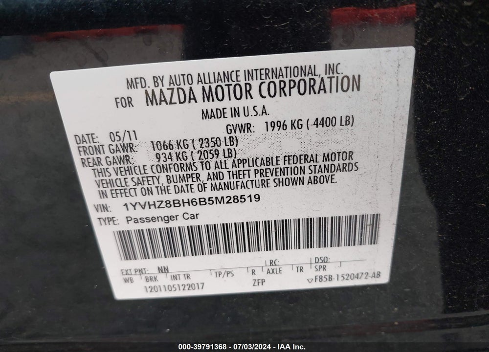 2011 MAZDA 6 I SPORT VIN: 1YVHZ8BH6B5M28519