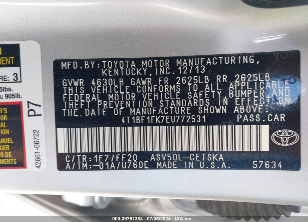 2014 TOYOTA CAMRY SE VIN: 4T1BF1FK7EU772531