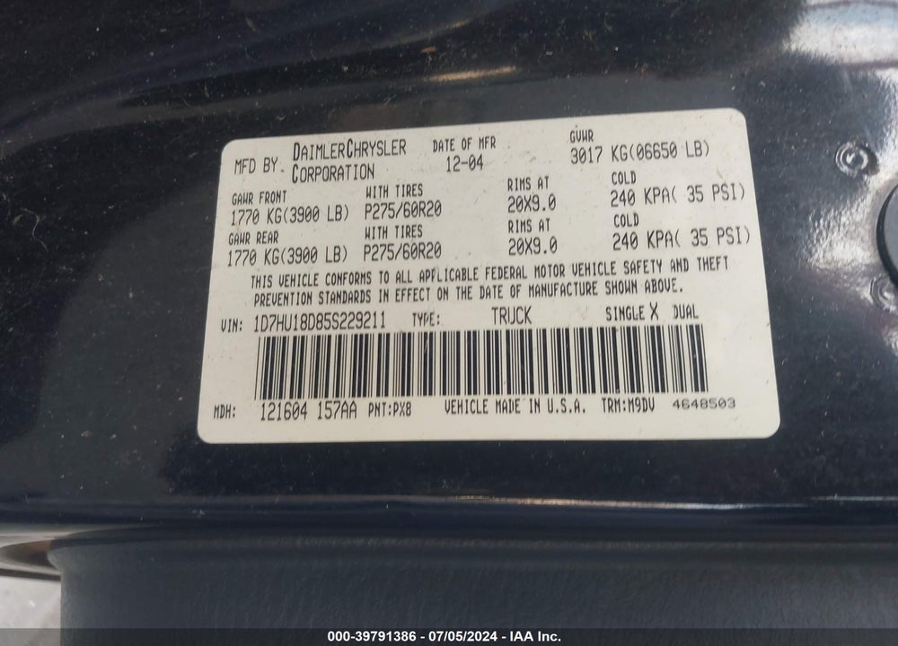 2005 DODGE RAM 1500 SLT/LARAMIE VIN: 1D7HU18D85S229211
