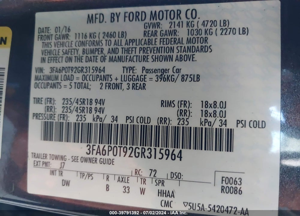 2016 FORD FUSION SE VIN: 3FA6P0T92GR315964