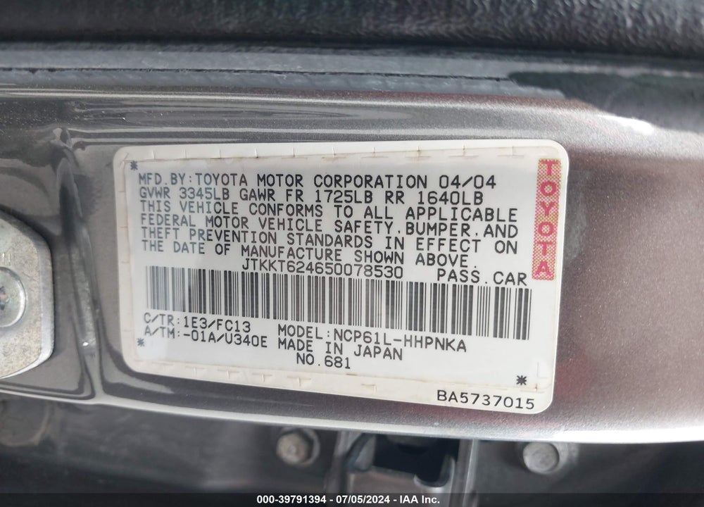 2005 TOYOTA SCION XA VIN: JTKKT624650078530