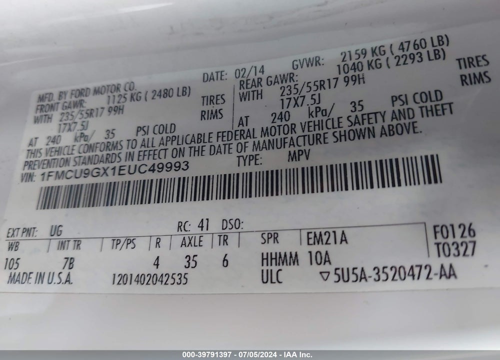 2014 FORD ESCAPE SE VIN: 1FMCU9GX1EUC49993