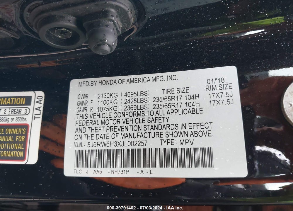 2018 HONDA CR-V LX VIN: 5J6RW6H3XJL002257
