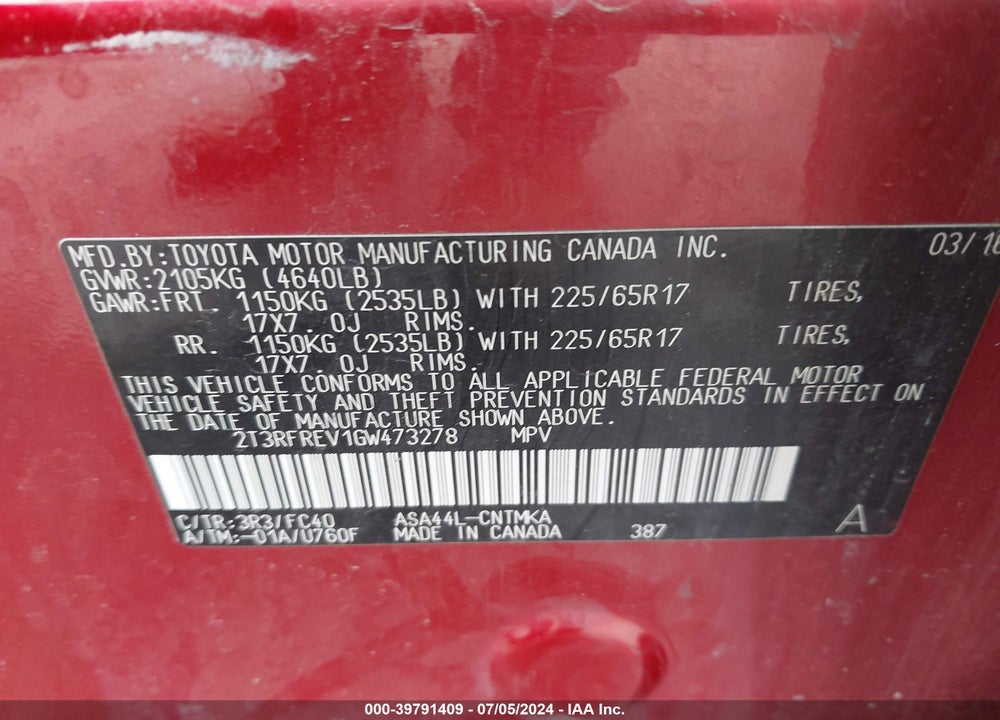 2016 TOYOTA RAV4 XLE VIN: 2T3RFREV1GW473278