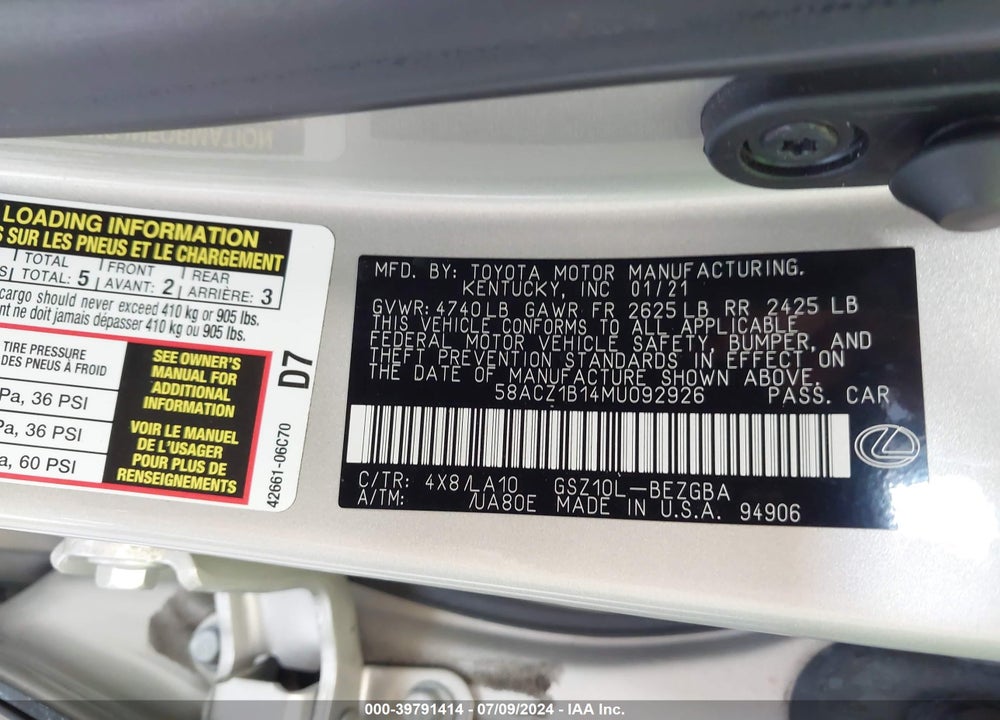 2021 LEXUS ES 350 VIN: 58ACZ1B14MU092926