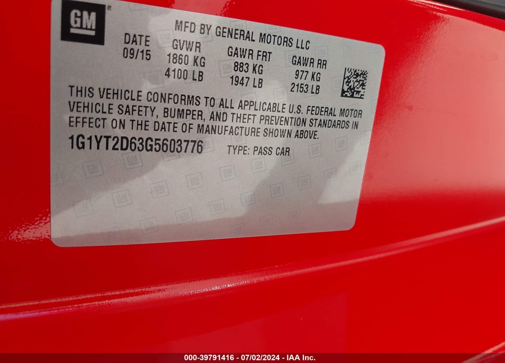 2016 CHEVROLET CORVETTE Z06 VIN: 1G1YT2D63G5603776