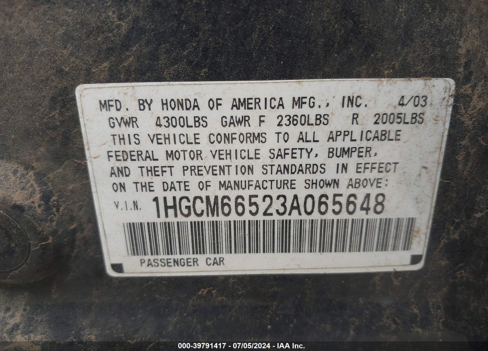 2003 HONDA ACCORD VIN: 1HGCM66523A065648