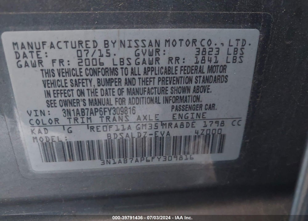 2015 NISSAN SENTRA FE+ S/S/SL/SR/SV VIN: 3N1AB7AP6FY309816