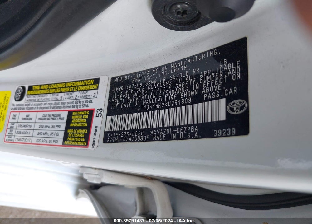 2019 TOYOTA CAMRY XSE VIN: 4T1B61HK2KU281809