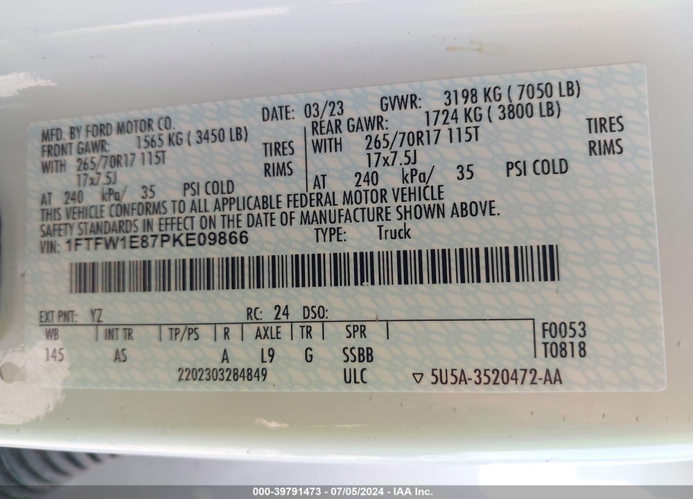 2023 FORD F-150 XL VIN: 1FTFW1E87PKE09866