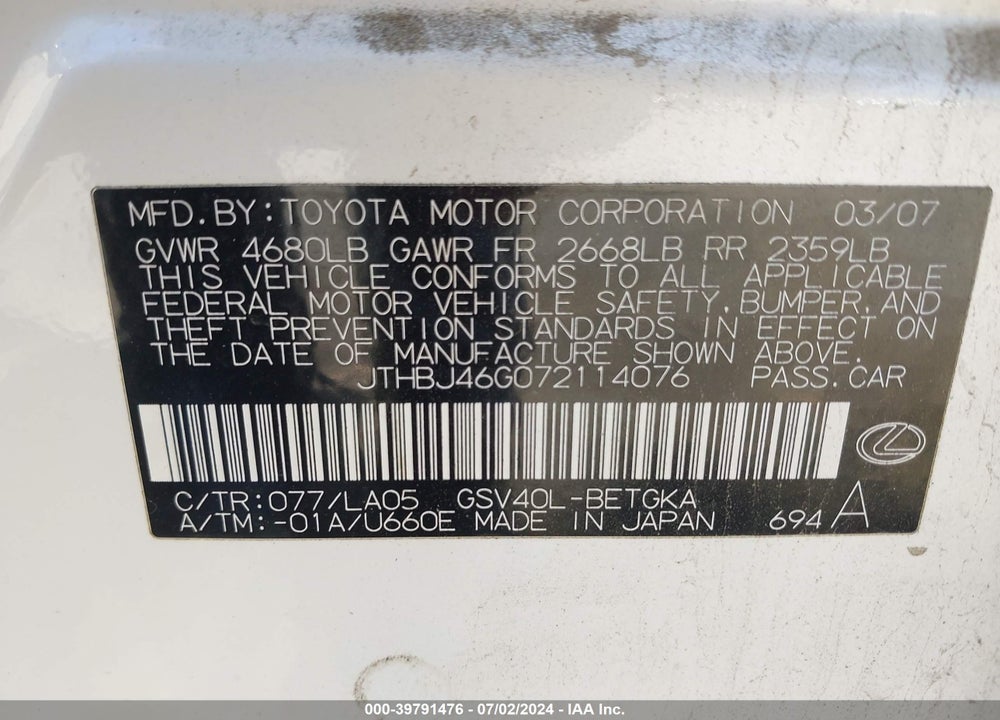2007 LEXUS ES 350 VIN: JTHBJ46G072114076