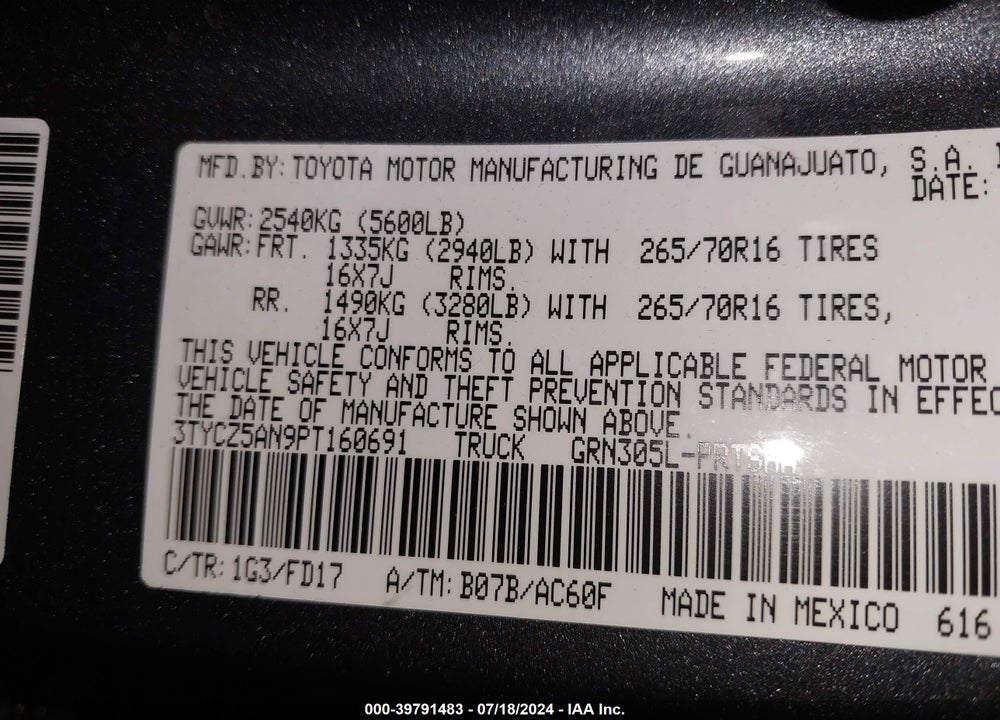 2023 TOYOTA TACOMA TRD OFF ROAD VIN: 3TYCZ5AN9PT160691