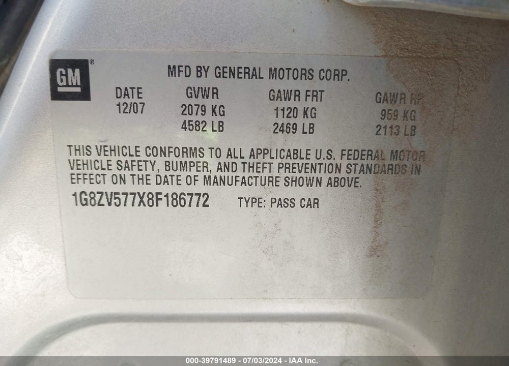 2008 SATURN AURA XR VIN: 1G8ZV577X8F186772