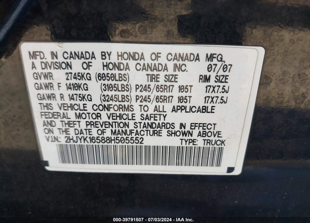 2008 HONDA RIDGELINE RTL VIN: 2HJYK16588H505552