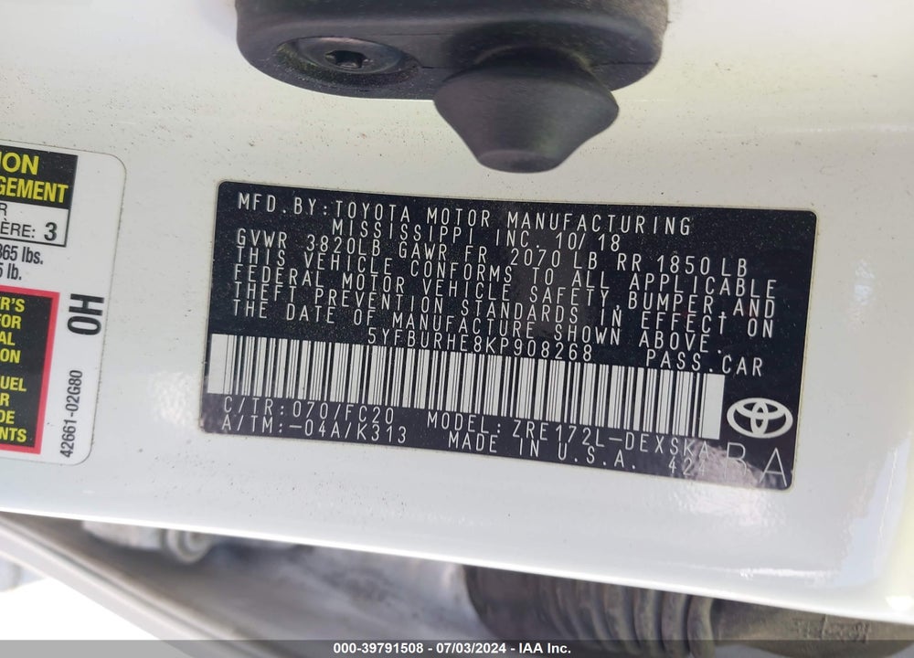 2019 TOYOTA COROLLA SE VIN: 5YFBURHE8KP908268