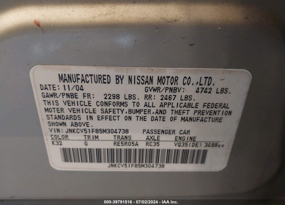 2005 INFINITI G35X VIN: JNKCV51F85M304738