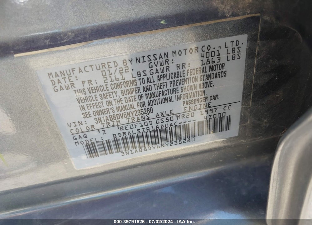 2022 NISSAN SENTRA SR XTRONIC CVT VIN: 3N1AB8DV6NY235280