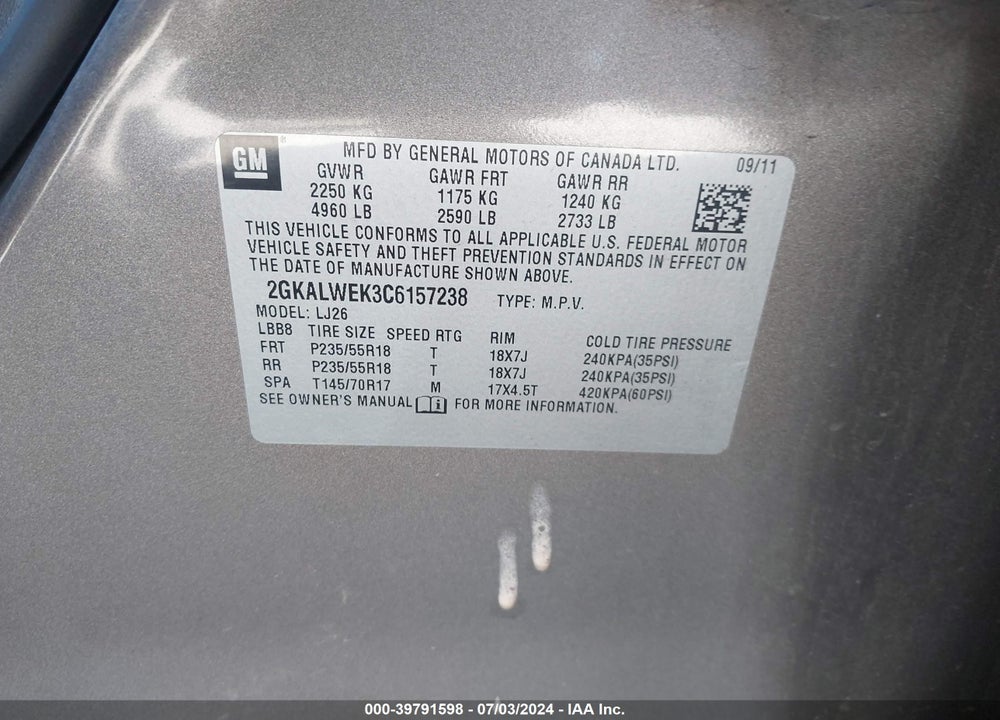 2012 GMC TERRAIN SLT-2 VIN: 2GKALWEK3C6157238