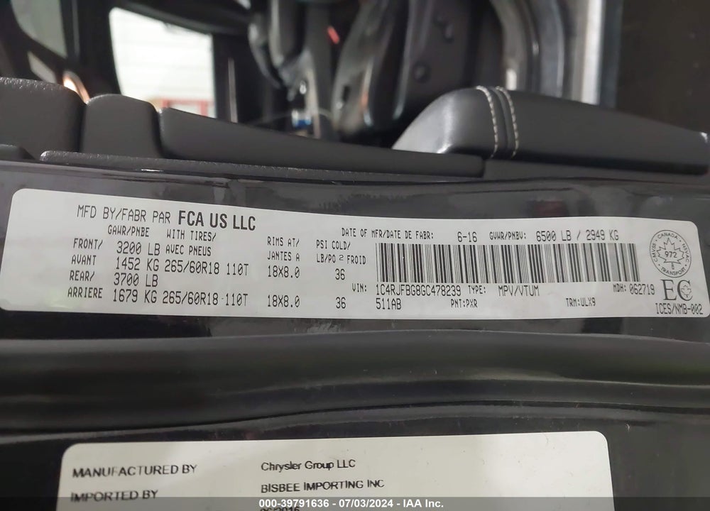 2016 JEEP GRAND CHEROKEE LIMITED VIN: 1C4RJFBG8GC478239